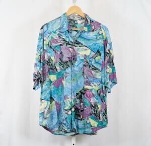 Vintage 90s Shirt Unionbay Teal Purple Abstract Print Rayon Men's Size L